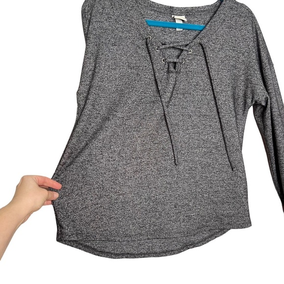 A New Day Charcoal Heather Gray Lace Up Neckline Blouse - Picture 4 of 13